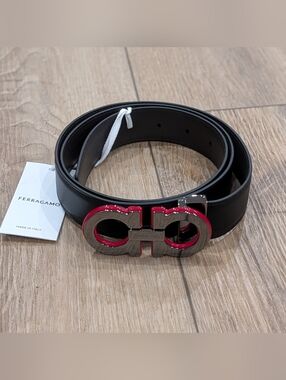$595 Salvatore Ferragamo Gancini Reversible Leather Belt Black 110 US 44